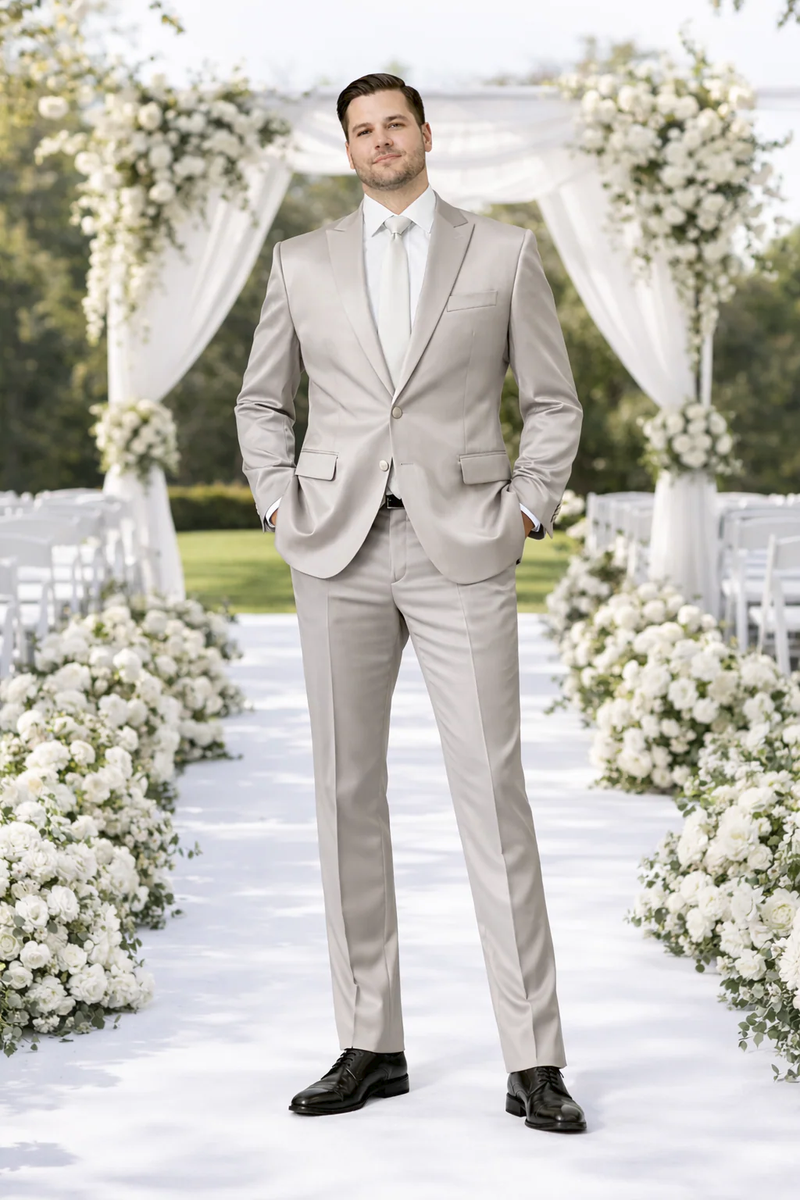 Rossiman Men’s Gray Shiny Sateen Suit – Sleek & Modern Formalwear