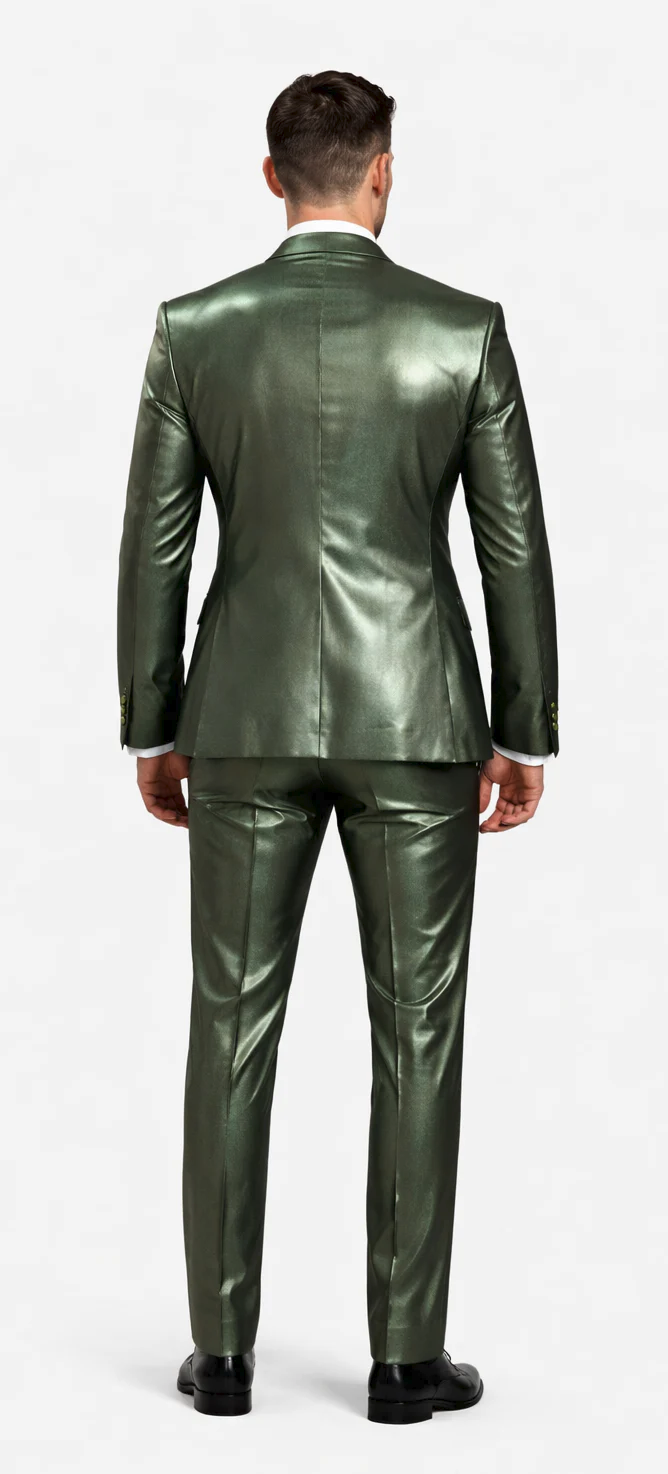 Rossiman Men’s Green Sateen Suit – Glossy Finish with Modern Flair