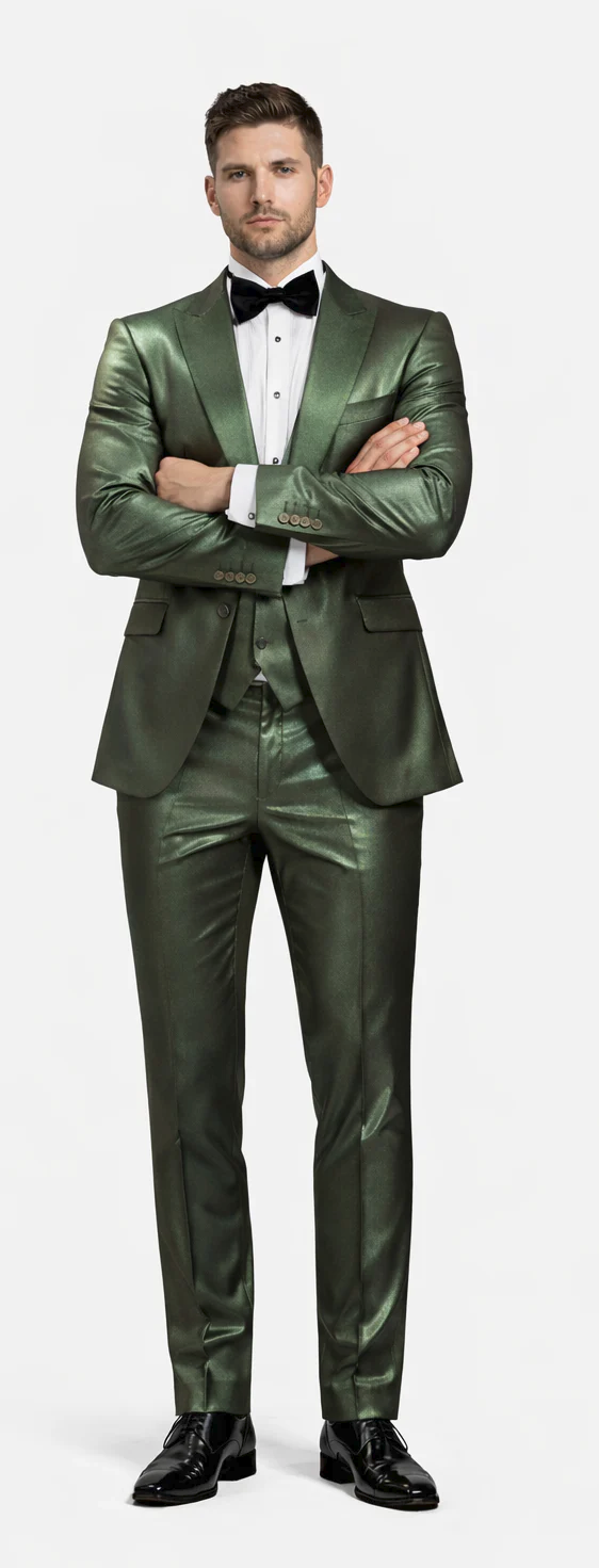 Rossiman Men’s Green Sateen Suit – Glossy Finish with Modern Flair