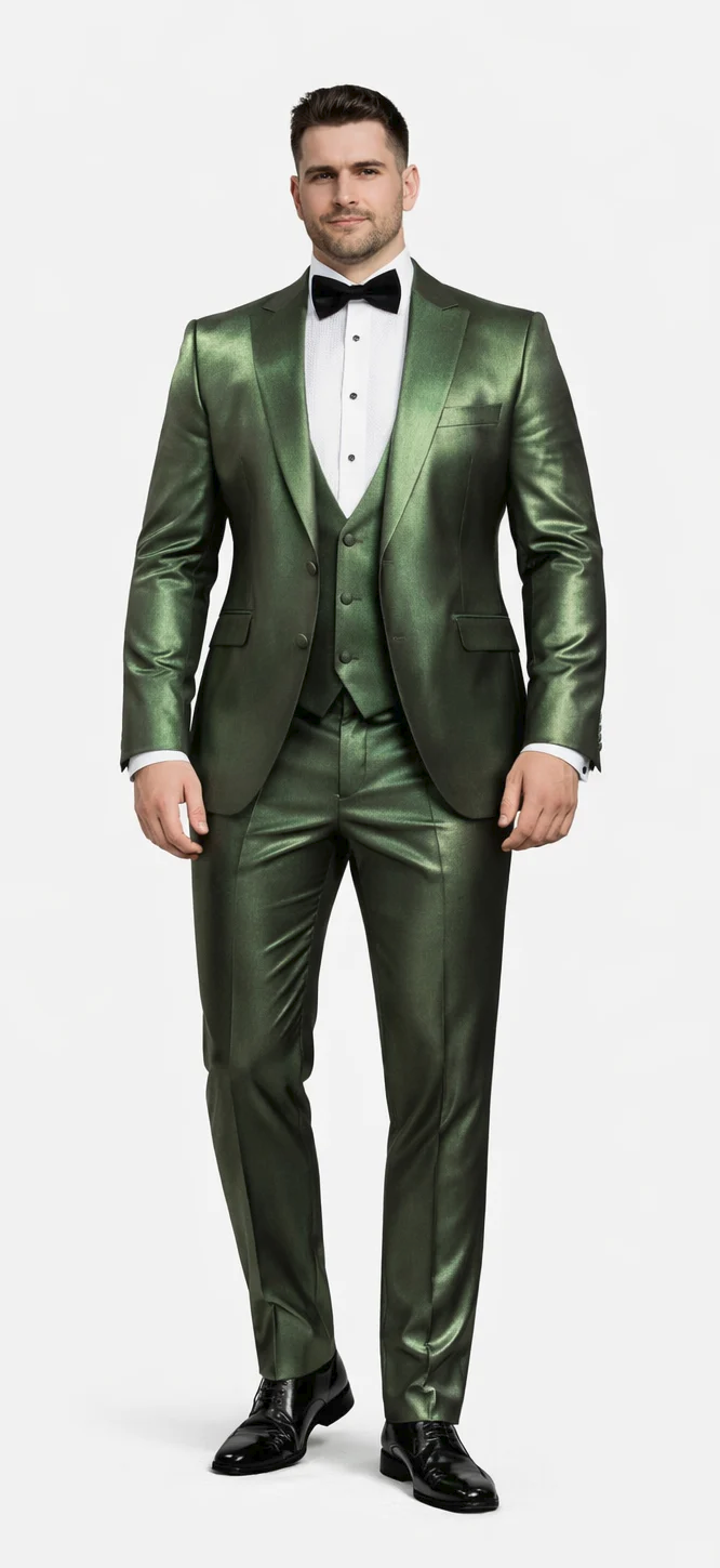 Rossiman Men’s Green Sateen Suit – Glossy Finish with Modern Flair