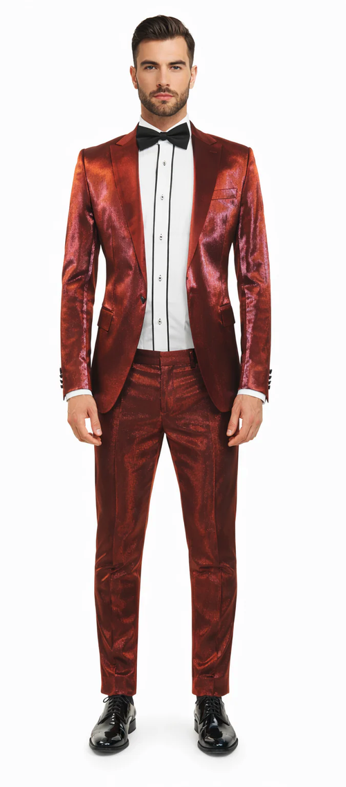 Rossiman Men’s Red Sateen Suit – Glossy Finish Bold Formalwear