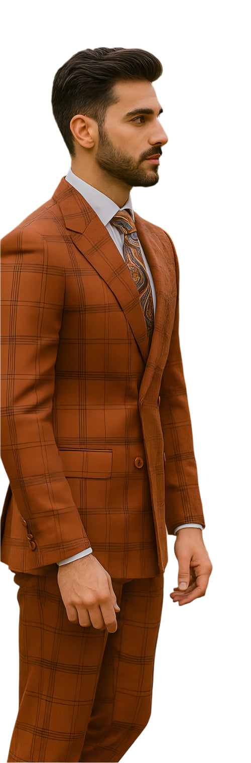 orange windowpane men's suit look
