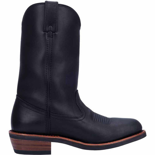 Dan Post Men's Albuquerque cowboy boot. Black leather, 12" round toe, stacked heel. Smooth finish with subtle stitching. Leather sole with contrasting brown heel layer. Pull tab for easy wear.