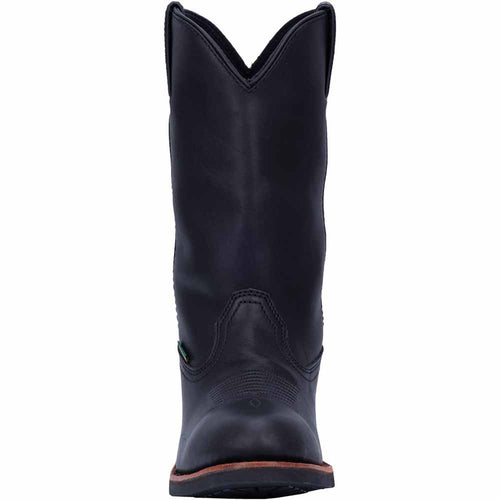 Dan Post Albuquerque cowboy boots. Men's 12" black leather, round toe. Tall shaft, pointed top. Leather sole, seam detail. Classic Western style.