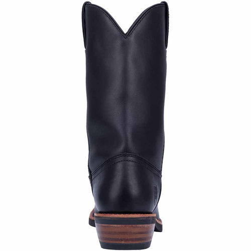 Dan Post Men's Albuquerque cowboy boot. Black leather upper, round toe, stacked leather heel. Clean design with minimal stitching and subtle heel logo.