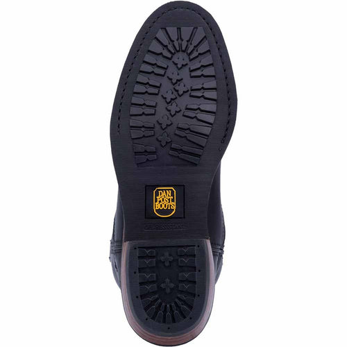 Dan Post Men's Albuquerque cowboy boot in black leather. Features a 12" round toe, rubber sole with patterned tread for traction. Sole is black with a slight gloss and logo detail.