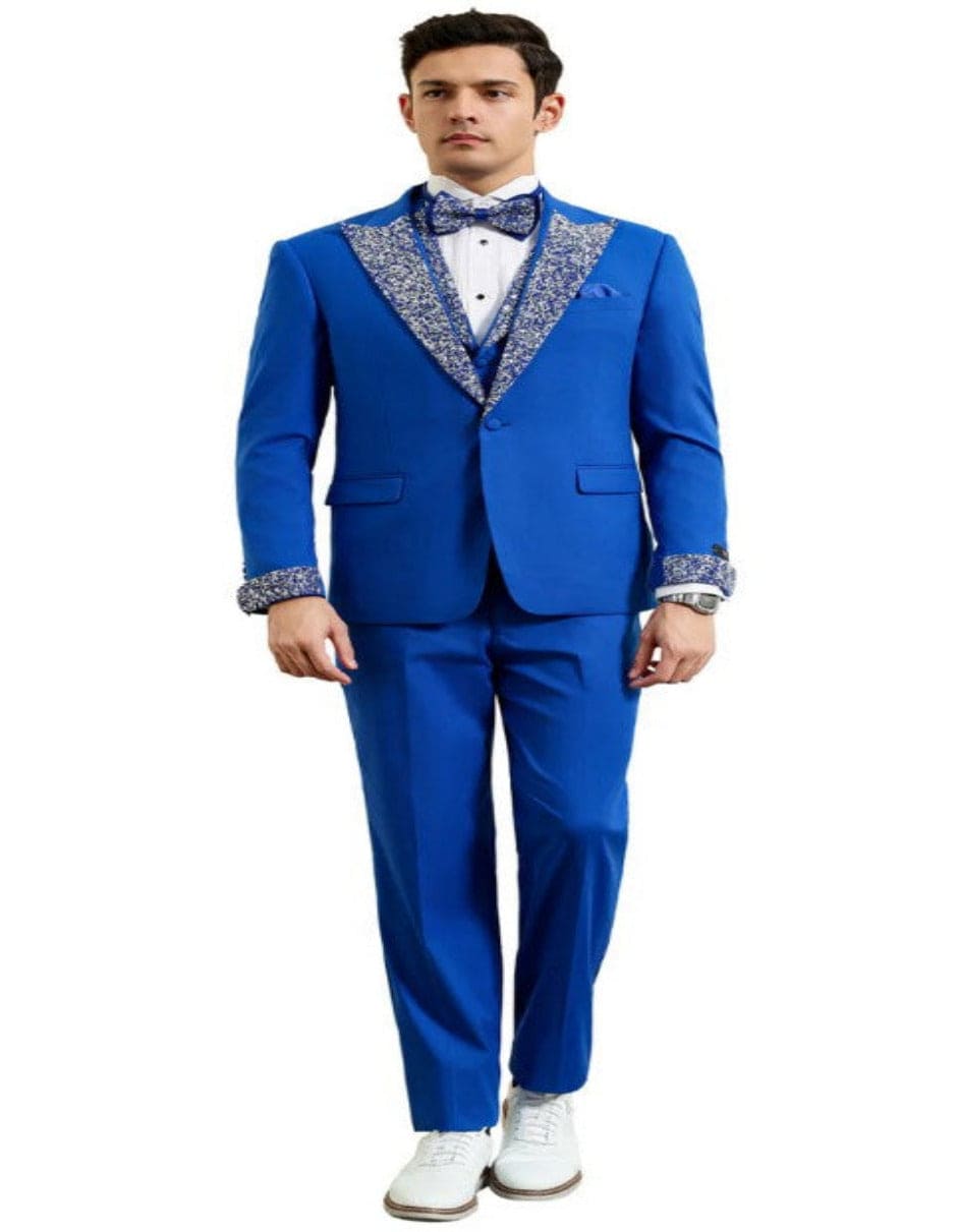 Royal and White Prom Tuxedo - Perfect Wedding Suit Vested rhinestone Lapelled