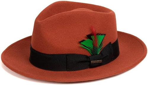 Gangster 100% Australian Wool Crushable Mens Fedora Hat - Removable Feather Gangster Rust Mens Fedora Hat