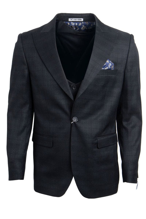 Mens Stacy Adams Suit - Stacy Adams Suit Men's Glen Plaid Suit - One Button Vested Peak Lapel in Black