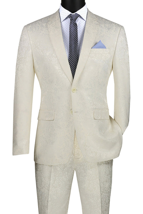 Ivory Tone on Tone Paisley Pattern Slim Fit Men's 2 Piece Suit 2 Button