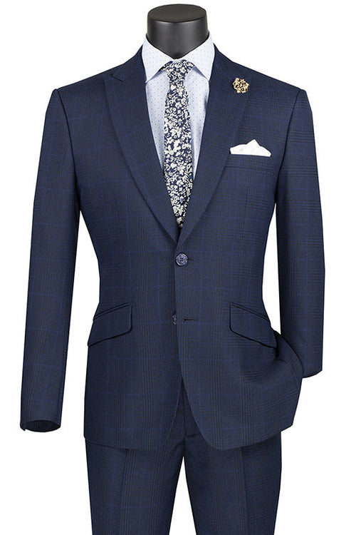 Slim Fit 2 Piece Suit Navy Glen Plaid Pattern Matching Pants