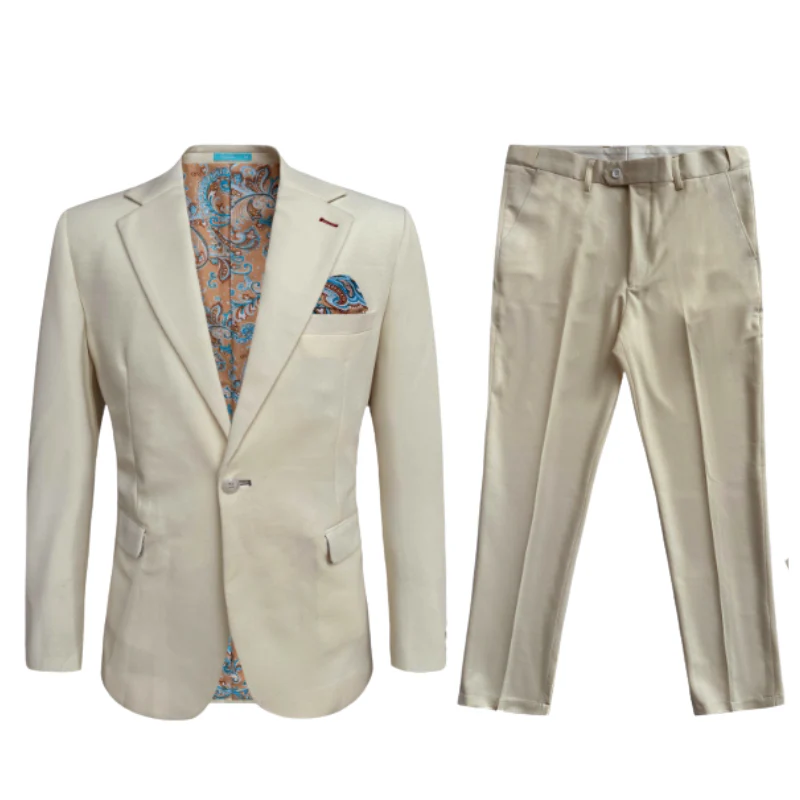 Cotton Suit - Summer Stretch Fabric - Mens Stretch Fashion Suit Beige Mens Stretch Fashion Suit Beige