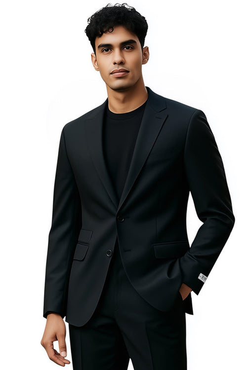 Black Stacy Adams slim fit suit: single-button blazer, notch lapels, welt pockets. Smooth fabric, solid black color. Slim-fit pants for a sleek, business-ready or wedding-appropriate look.