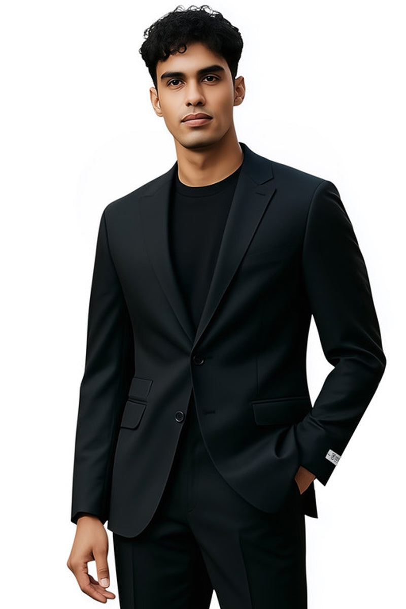 Black Stacy Adams slim fit suit: single-button blazer, notch lapels, welt pockets. Smooth fabric, solid black color. Slim-fit pants for a sleek, business-ready or wedding-appropriate look.