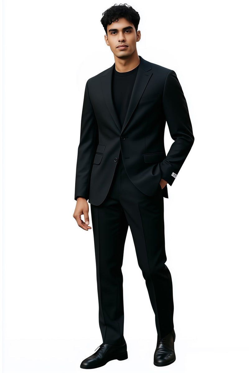 Stacy Adams men's black slim fit suit, perfect for weddings or business. Single-breasted jacket with notched lapels and slim-fit, flat-front trousers. Smooth, sleek material. Includes a fitted black crew-neck undershirt. Formal silhouette.