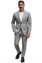 Men's Stacy Adams light grey slim fit suit. Structured blazer with notched lapel, two buttons. Matching slim trousers. Textured fabric with subtle pattern. Features visible pocket/seam detailing. Worn with a white shirt; trousers taper. Perfect for weddings/business.