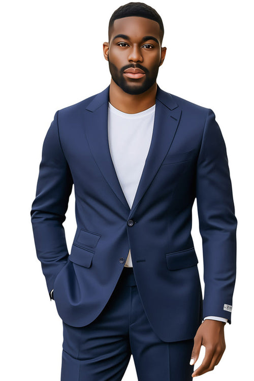 Navy blue Stacy Adams slim fit suit. Single-breasted jacket with notch lapels and two pockets. Matching trousers. Smooth fabric, tailored for weddings/business.