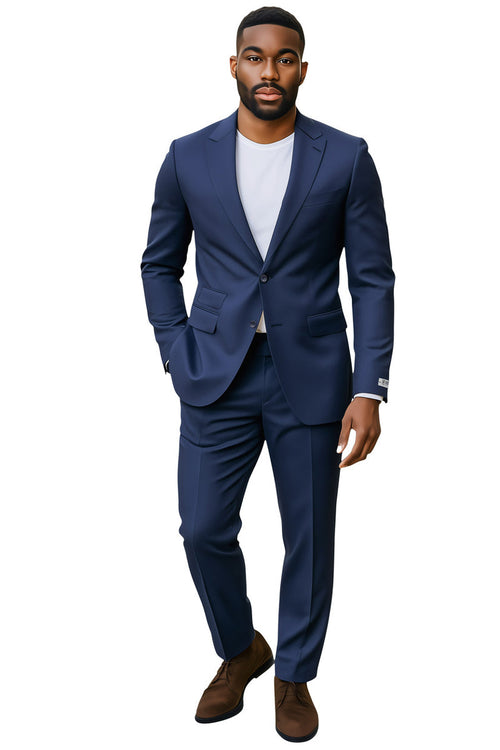 Stacy Adams men's navy blue slim fit suit. Tailored blazer (single-button, flap pockets) & flat-front pants. Lightweight, structured fabric. Ideal for weddings/business. Offers a sleek silhouette.