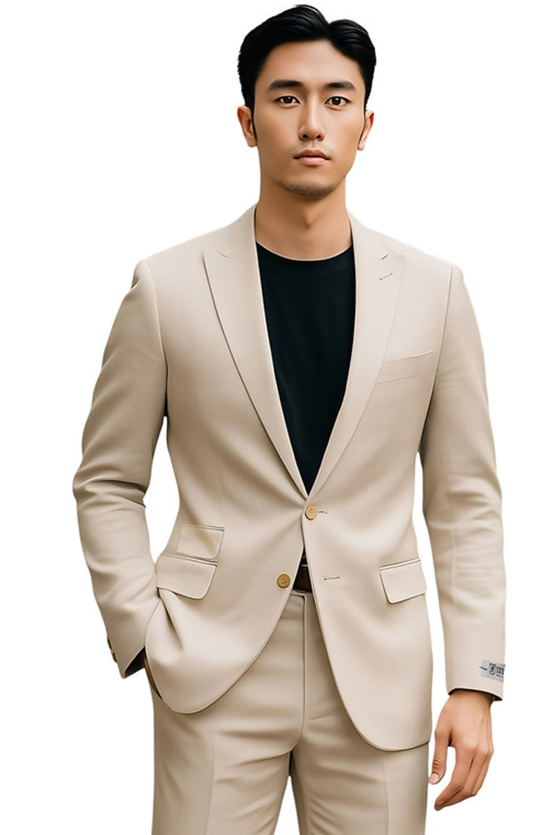 Stacy Adams men's tan slim fit suit: single-breasted, notch lapels, lightweight fabric. Features gold buttons, front flap pockets, and a chest pocket. Flat-front, slim-fit trousers match the jacket. Perfect for weddings or business.