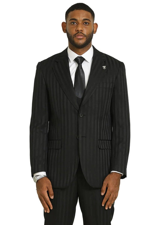 Stacy Adams modern fit black suit with shadow pinstripes. Features a vested design, single-breasted jacket (two-button closure), and matching trousers. Made of smooth, woven fabric. Predominantly black with subtle vertical pinstripes.