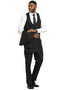 Stacy Adams modern fit black suit with tonal shadow pinstripes. Features a vested design, tailored jacket, and matching trousers. Includes double-breasted vest. Styled with white shirt and black tie. Sleek and structured.