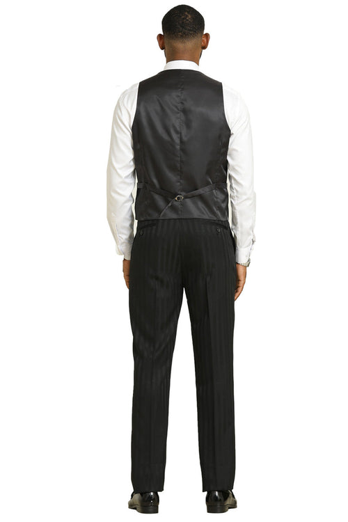Stacy Adams men's modern fit black suit with tonal shadow pinstripes. Includes a sleek black vest with adjustable back straps and subtle pinstriped pants. Formal and streamlined silhouette in black.