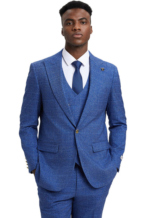 Men's Stacy Adams mauve plaid business suit. Two-button jacket, vest, and matching pants. Structured silhouette, notched lapels, and pockets. Primarily mauve tones, tailored for a cohesive look.