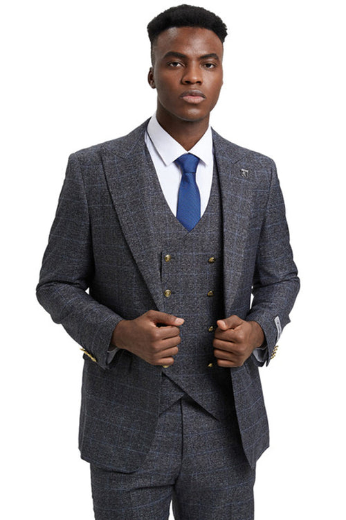 Charcoal grey plaid Stacy Adams men's suit. Structured, tailored fit with peak lapels and a single-button closure. Textured weave fabric, streamlined design. Double-breasted vest with gold buttons. Formal aesthetic.