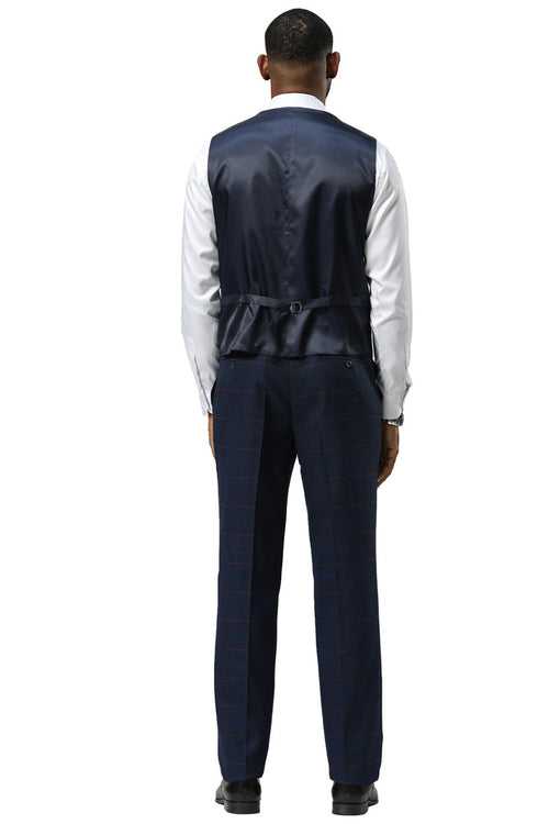 Navy glen plaid suit by Stacy Adams. Men's one-button, peak lapel suit with double-breasted vest. Tailored fit, matching trousers.