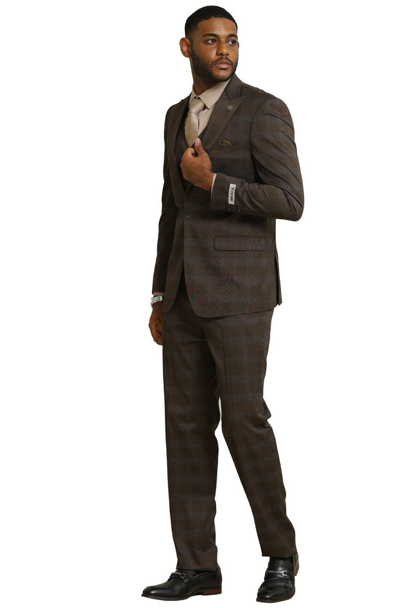 Stacy Adams men's one-button suit. Brown glen plaid. Fitted jacket with peak lapel, includes a vest, and tapered trousers. Modern, tailored design.