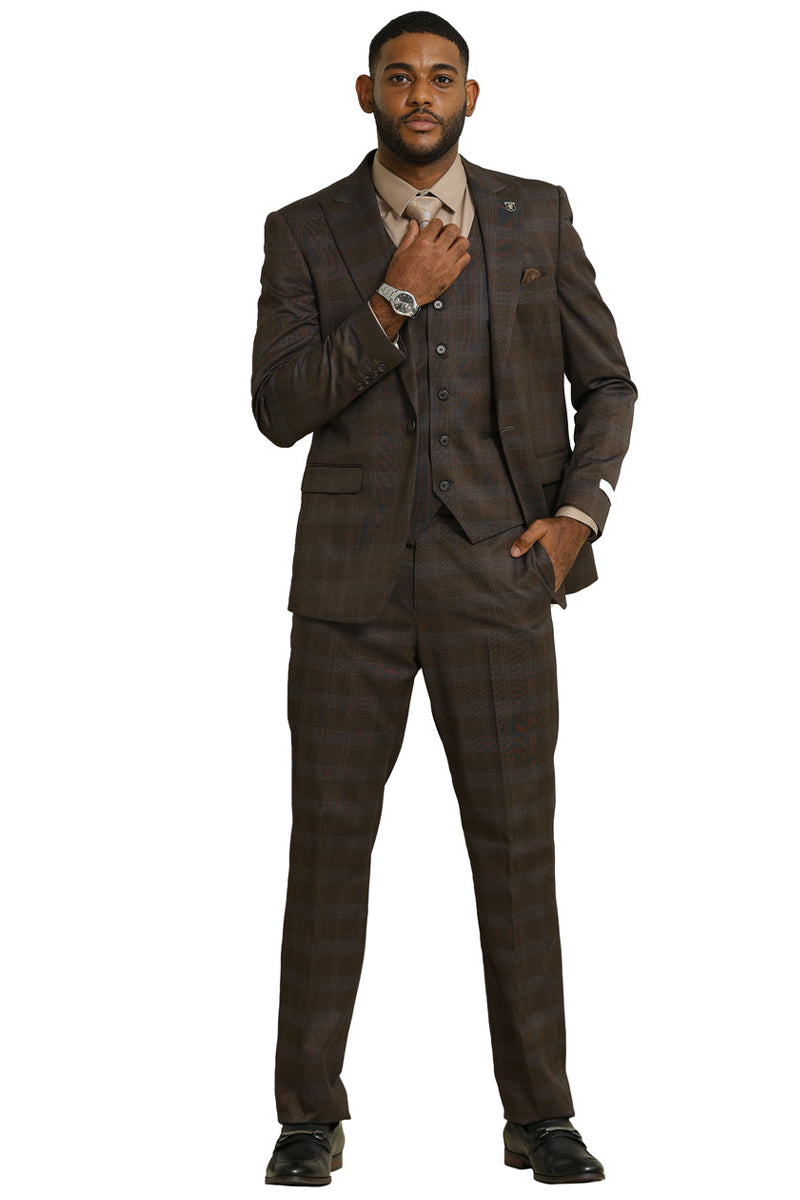 Men's Stacy Adams brown glen plaid suit. One-button jacket with peak lapel, fitted shape. Includes vest and straight-leg trousers. Textured fabric with dark plaid. Three-piece design.