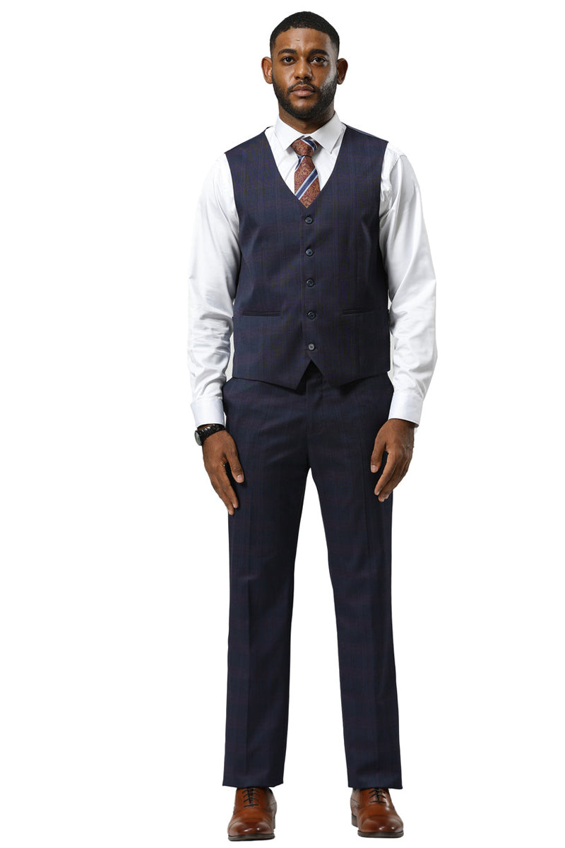 Navy glen plaid Stacy Adams men's suit. One-button jacket, peak lapels, fitted vest with pockets, and matching trousers. Tailored, structured fit with a coordinated color scheme.