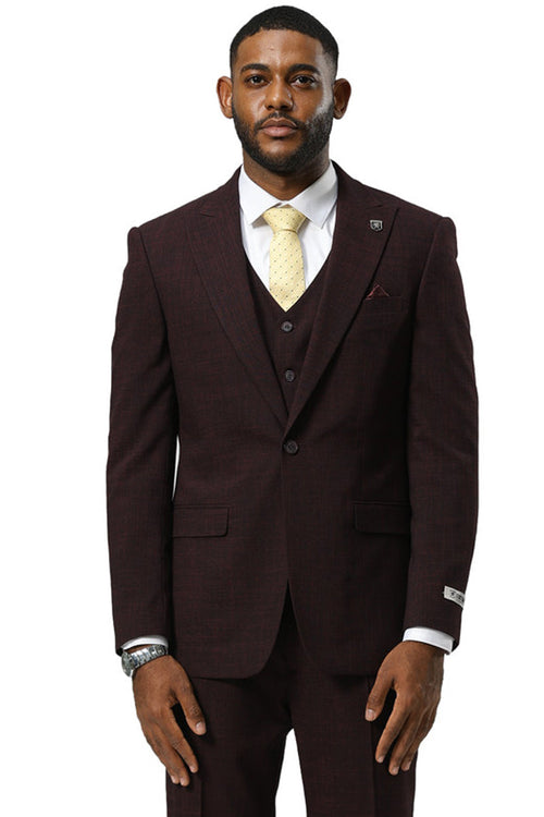 Burgundy Stacy Adams men's suit with a sharkskin pattern. Features a fitted, one-button jacket with peak lapels, matching vest, and flap pockets. Shown with white shirt and yellow tie.