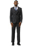 Stacy Adams charcoal sharkskin suit. One-button, peak lapel, vested. Tailored silhouette, straight-leg trousers, subtle patterned fabric. Notch lapels, side pockets.