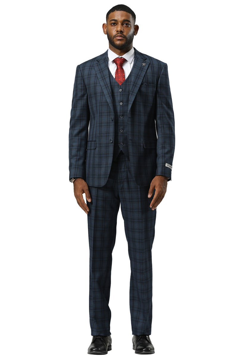Navy blue Stacy Adams men's suit. Modern fit, double windowpane plaid. Includes jacket, vest, and trousers. Structured design for a tailored look.