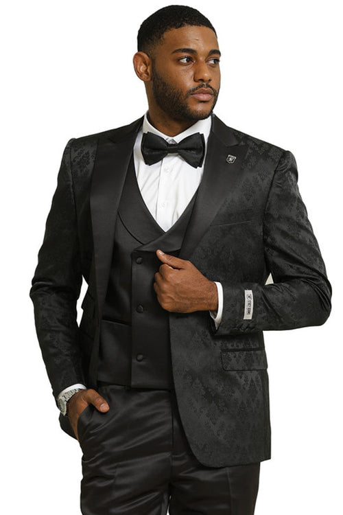Men's shiny black brocade tuxedo with intricate patterns. Includes a double-breasted vest, white dress shirt, black bow tie, and glossy black dress pants.