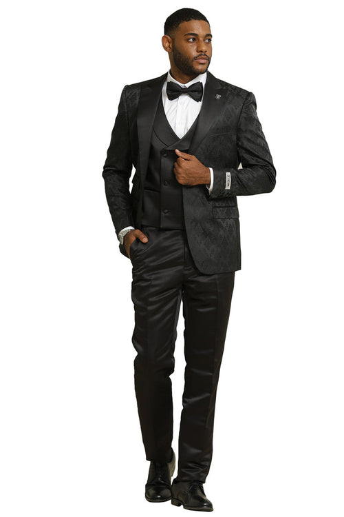 Stacy Adams men's shiny brocade tuxedo. Black, textured fabric with subtle pattern. Double-breasted vest. Notched lapel, tailored fit jacket. Smooth, tapered trousers. Formal ensemble.