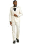 Ivory men's tuxedo with shiny brocade jacket, double-breasted, satin lapels. Includes matching pants, black vest & bow tie for a formal look.