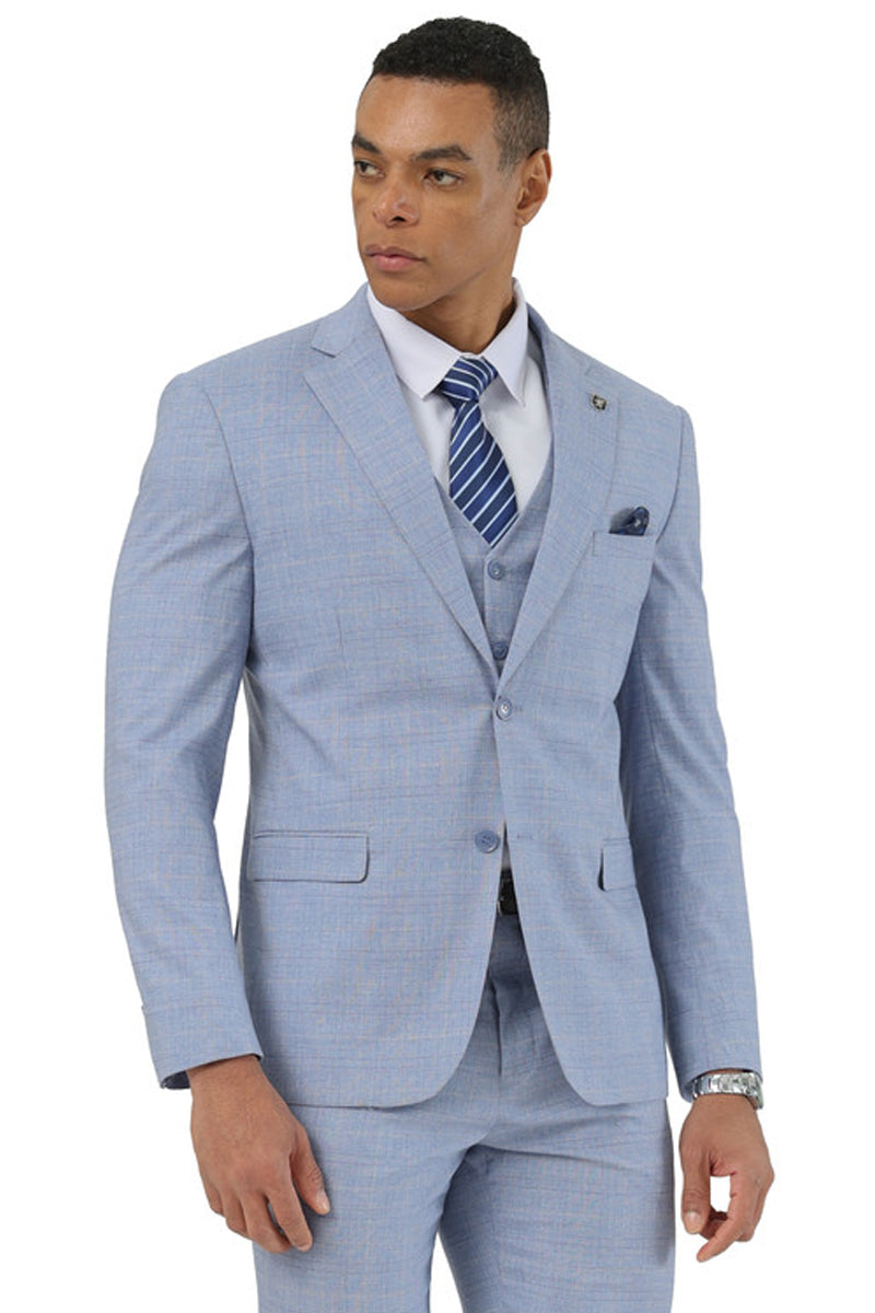 Stacy Adams men's light blue glen plaid summer suit. Two-button blazer, notch lapels, and side pockets. Matching vest included. Straight-leg trousers complete the look.