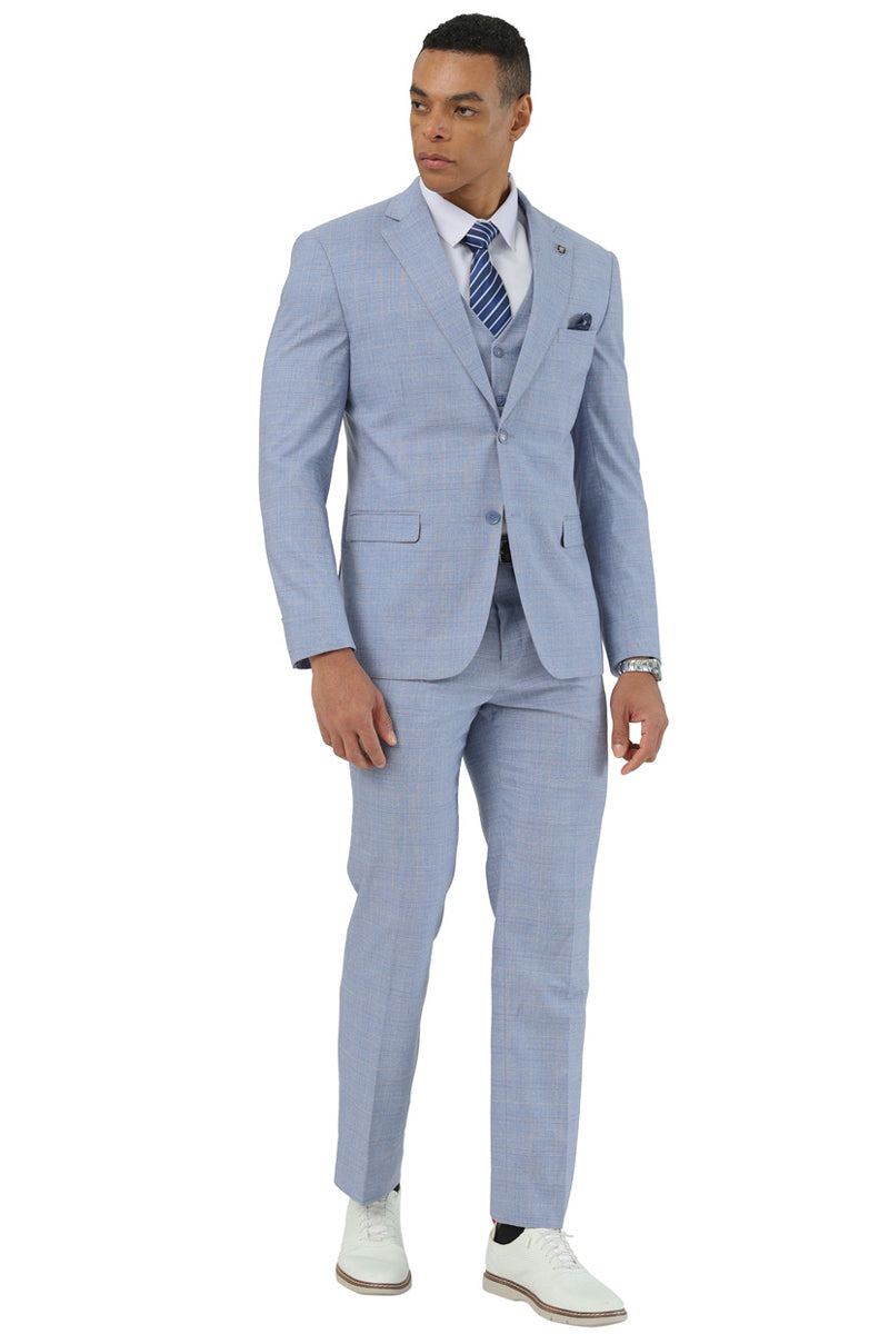 Light blue glen plaid Stacy Adams men's summer suit. Two-button jacket, matching vest, and trousers. Lightweight fabric, tailored modern fit, ideal for warm weather.