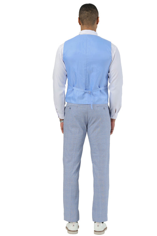 Men's Stacy Adams summer suit: light blue glen plaid, two-button jacket, and vest with a smooth back and waist closure. Matching tapered trousers complete the look.