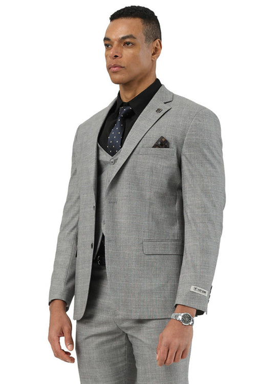 Men's Stacy Adams light grey glen plaid summer suit. Tailored fit, three-piece: blazer, vest, trousers. Features notched lapel, functional pockets, and classic button placement.