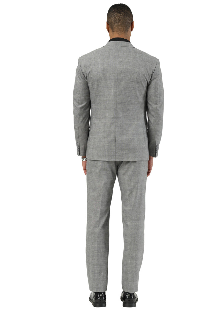 Men's Stacy Adams summer suit: light grey glen plaid, two-button, vested. Features a fitted jacket with notch lapel, vented back. Lightweight, structured fabric. Ideal for warmer weather.