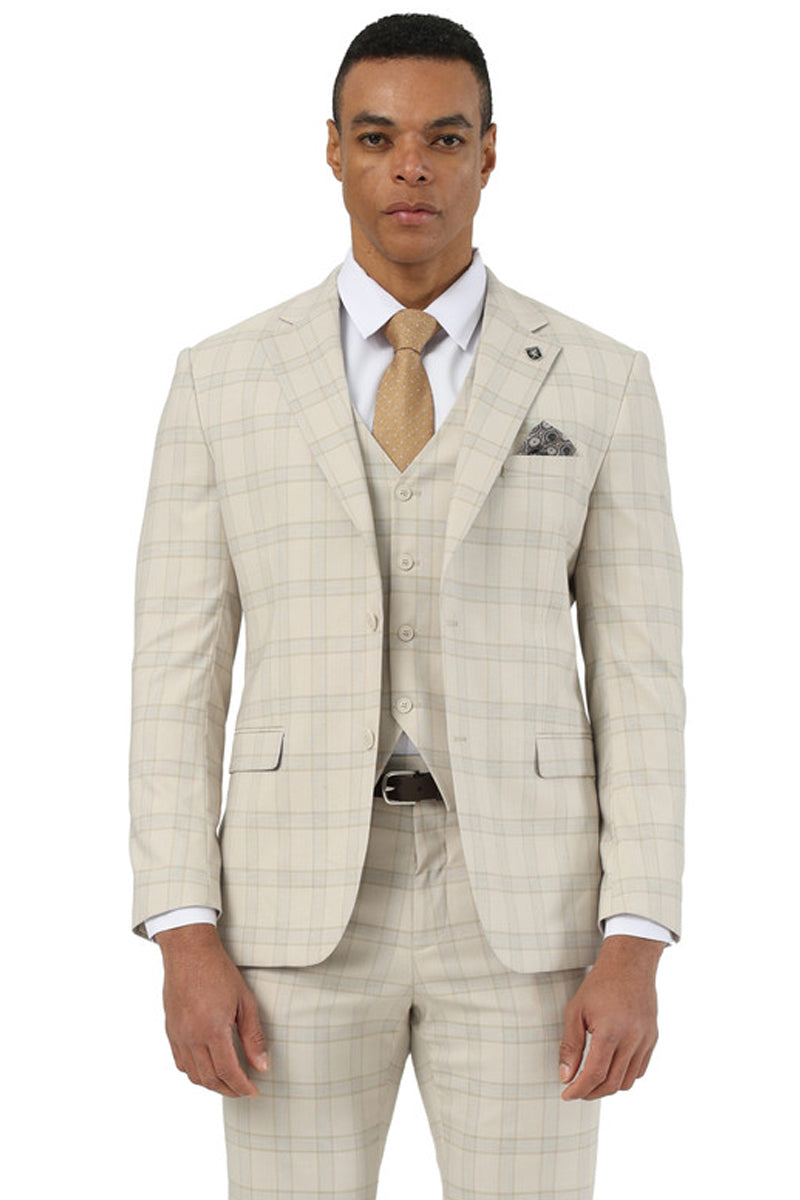 Stacy Adams beige glen plaid suit: Structured blazer (notch lapels, single-button), tailored straight-leg pants, and matching vest. Smooth, lightweight fabric, ideal for formal wear. Beige with light/dark plaid lines.