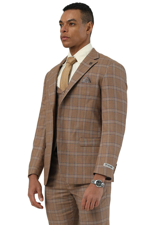 Stacy Adams men's brown glen plaid suit: fitted blazer, matching trousers, and vest. Textured woven fabric with a brown base, lighter plaid, and blue accents. Single-breasted blazer, notch lapels, side pockets, tailored trousers.