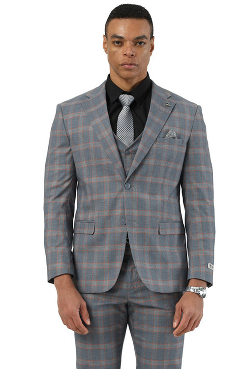 Stacy Adams glen plaid suit: grey base with orange check. Includes 2-button jacket, notch lapels, matching waistcoat, and pants. Smooth fabric, tailored fit, structured silhouette.