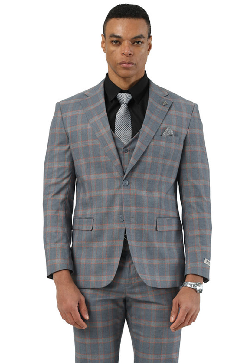 Men's Designer Stacy Adams Vested Glen Plaid Suit in Grey & Orange