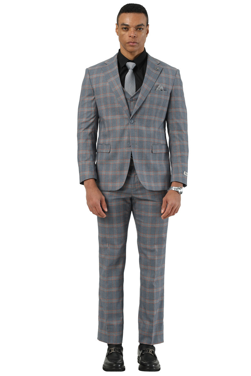 Stacy Adams men's glen plaid suit in grey/orange. Tailored fit with vest, jacket (notch lapels, pockets), and trousers. Smooth woven fabric. Grey base, orange checkered pattern.