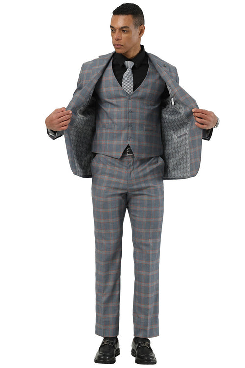 Stacy Adams men's glen plaid suit: grey/orange. Fitted blazer, tailored trousers. Features chest pocket, 3-button front. Patterned lining. Includes suit, trousers. Styled with black shirt, patterned tie.