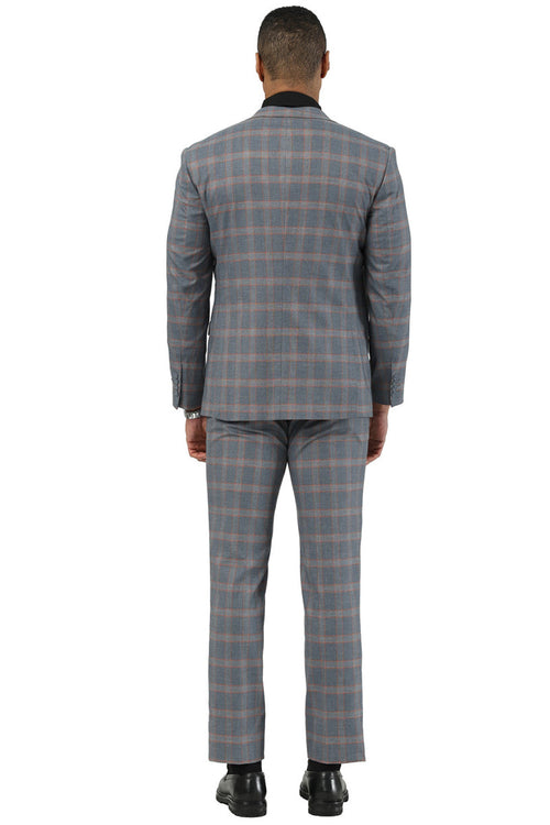 Stacy Adams men's vest: Grey & orange glen plaid. Tailored 2-piece suit with matching trousers. Back vent, smooth fabric. Cohesive, designer look.